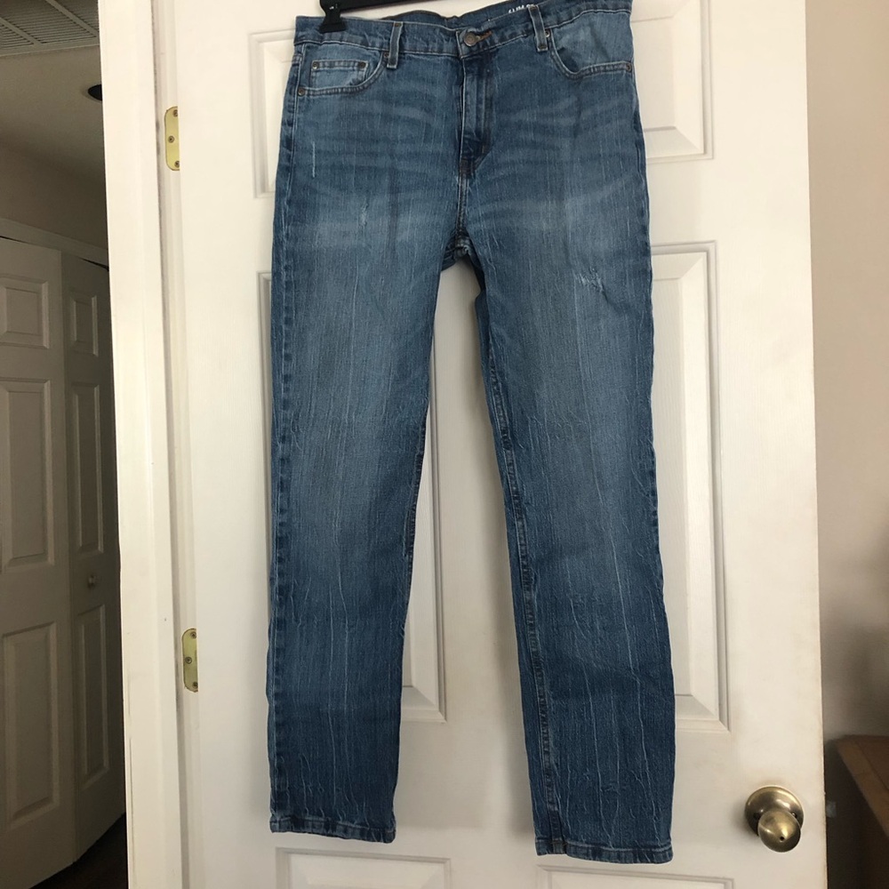 Men's GOGO Blue Jeans Denim Slim Straight Medium Bluewash Distressed 36x32 EUC